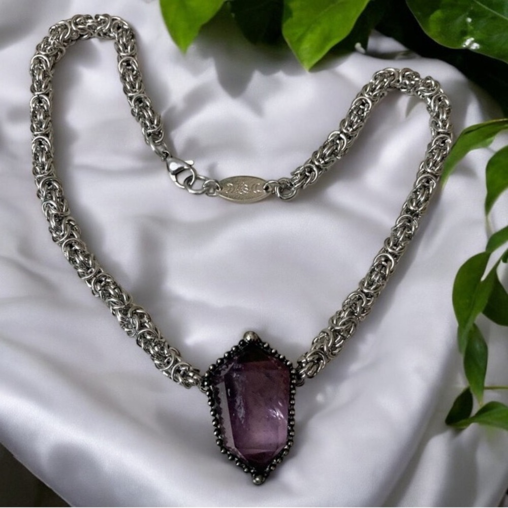 Handmade maille gemstone amethyst crystal chain necklace - Picture 4 of 16